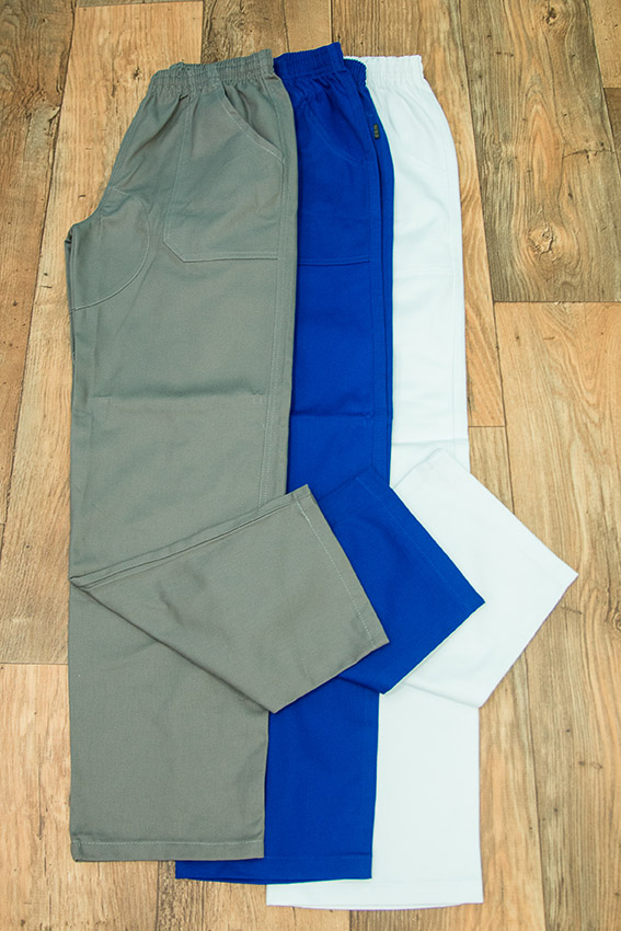 AIBJ Uniformes Calça Brim Elástico Cinza Azul Royal e Branca